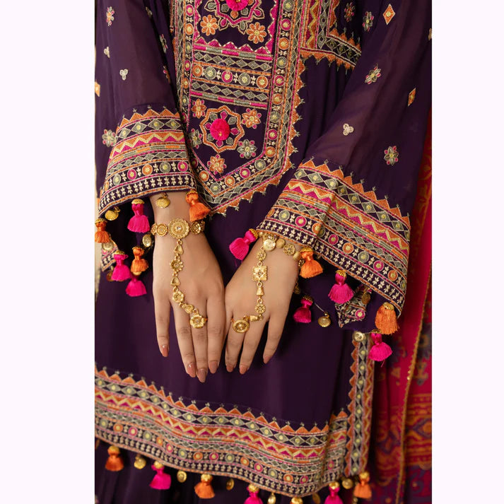 3 Piece - Dhanak Embroidered Suit with Dhanak Digital Printed Shawl (Unstitched)