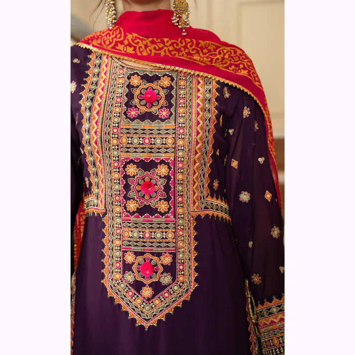 3 Piece - Dhanak Embroidered Suit with Dhanak Digital Printed Shawl (Unstitched)