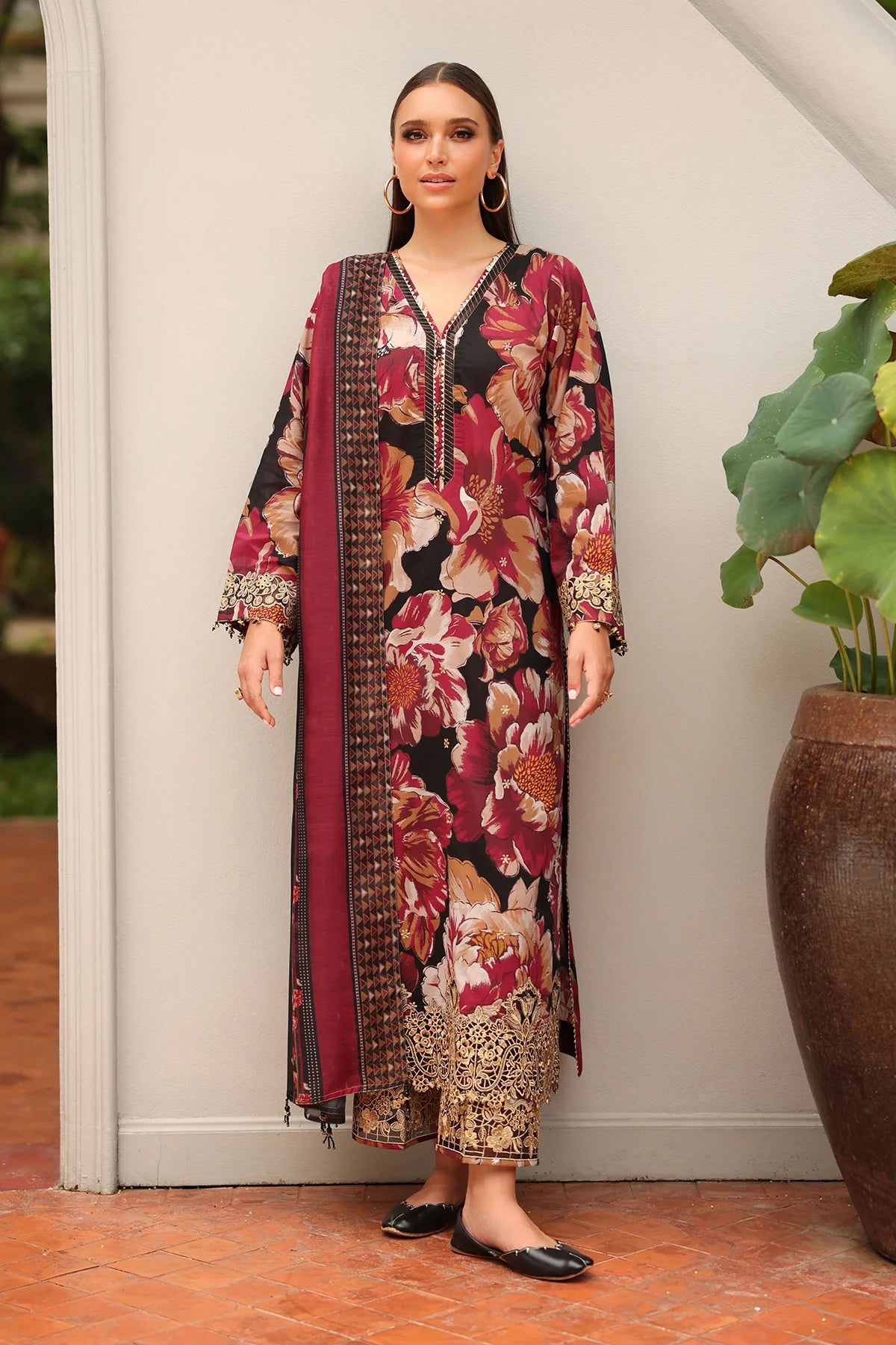 3 Piece - Baroque Khaddar Embroidered Suit with Digital Printed Khaddar Shawl (Unstitched)