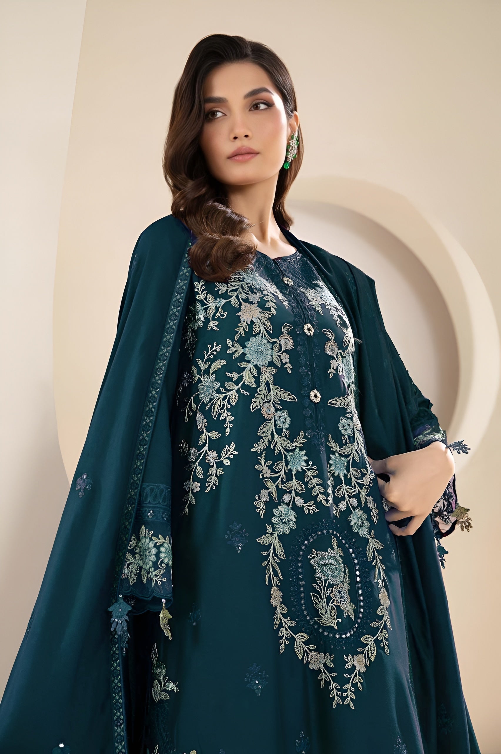 3 Piece - Maria B Dhanak Embroidered Suit with Dhanak Heavy Embroidered Shawl (Unstitched)