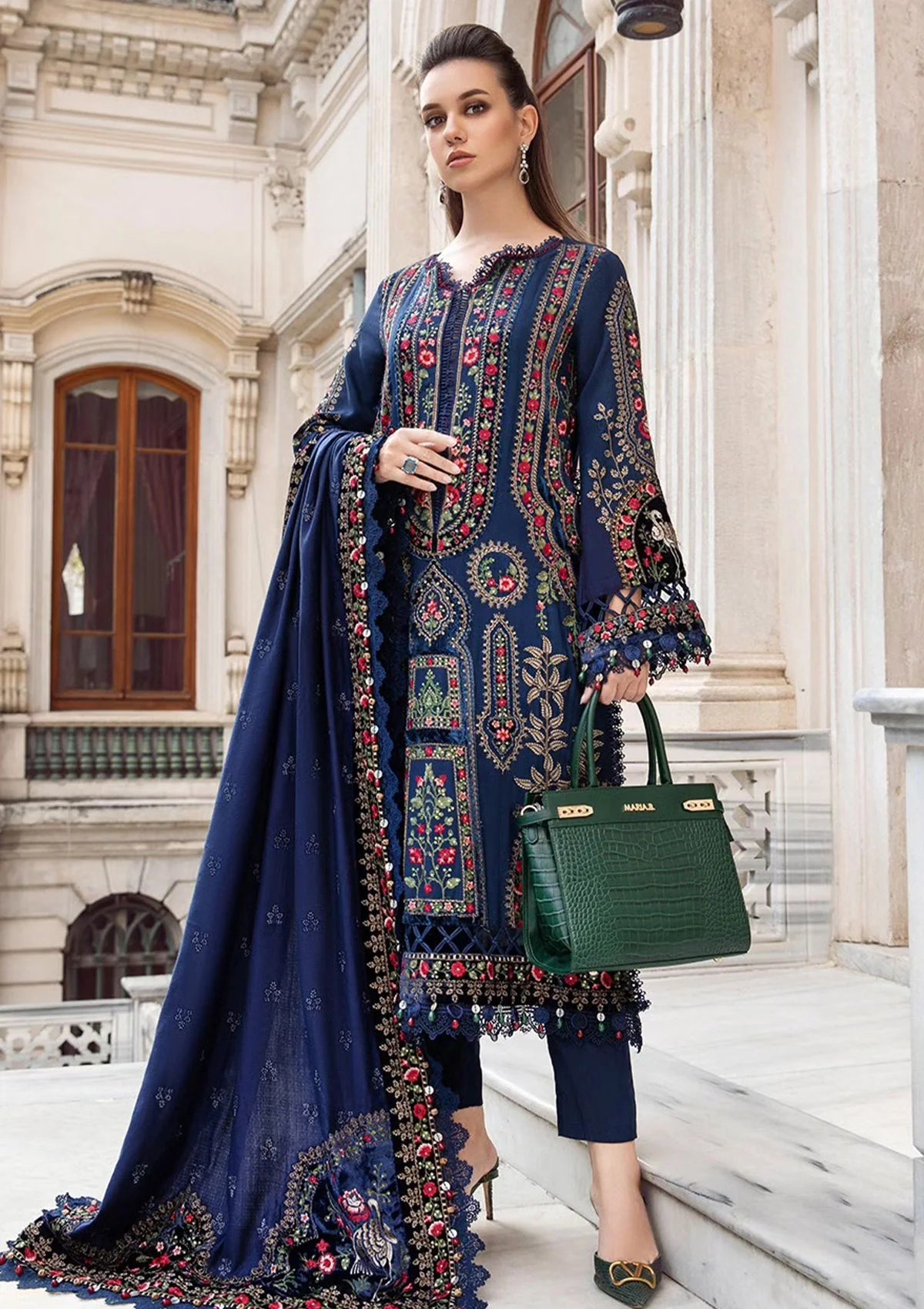 3 Piece - Dhanak Embroidered Suit with Dhanak Embroidered Shawl (Unstitched)