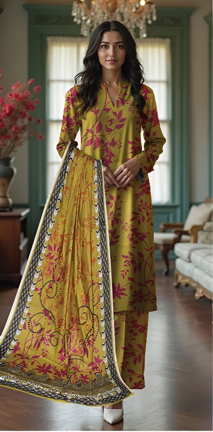 3 Piece - Nishat BanaDora Printed Linen Suit with Linen Duppatta (Unstitched)