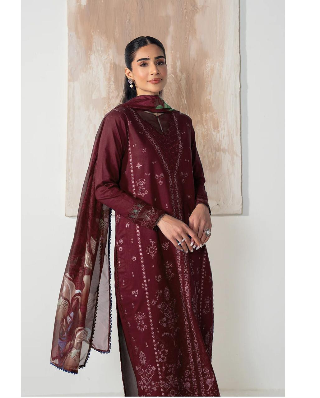 3 Piece - Dhanak Embroidered Suit with Digital Printed Wool Shawl (Unstitched)