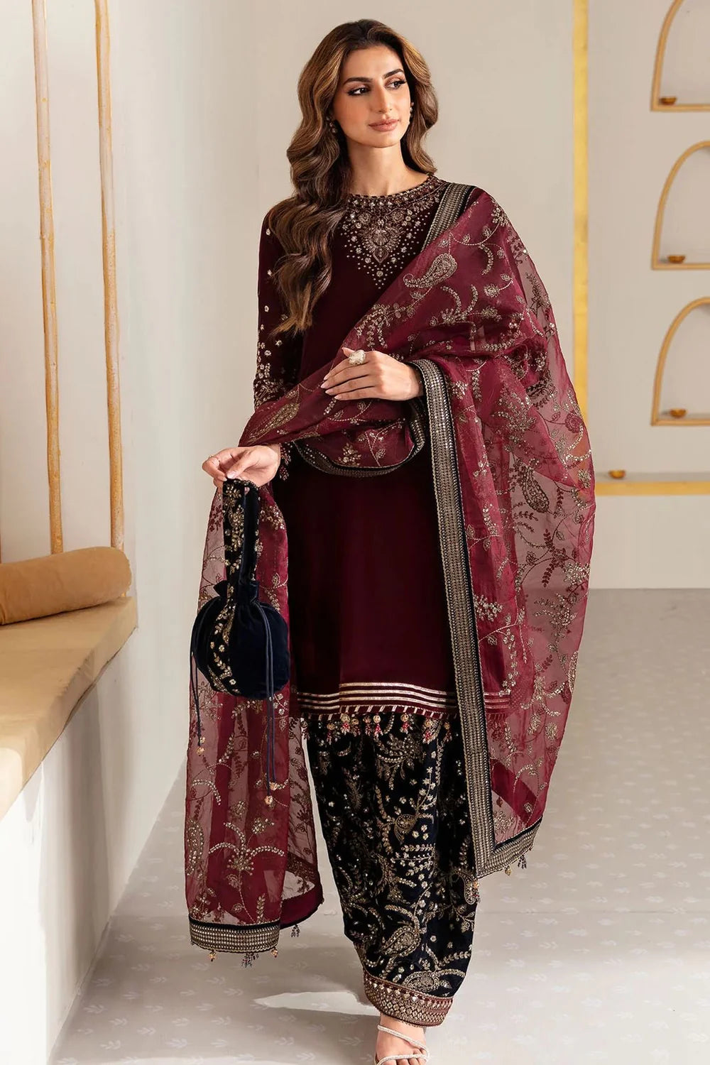 3 Piece - Organza Full Heavy Embroidered Suit with Heavy Embroidered Organza Dupatta with Chiffon Border (Unstitched)