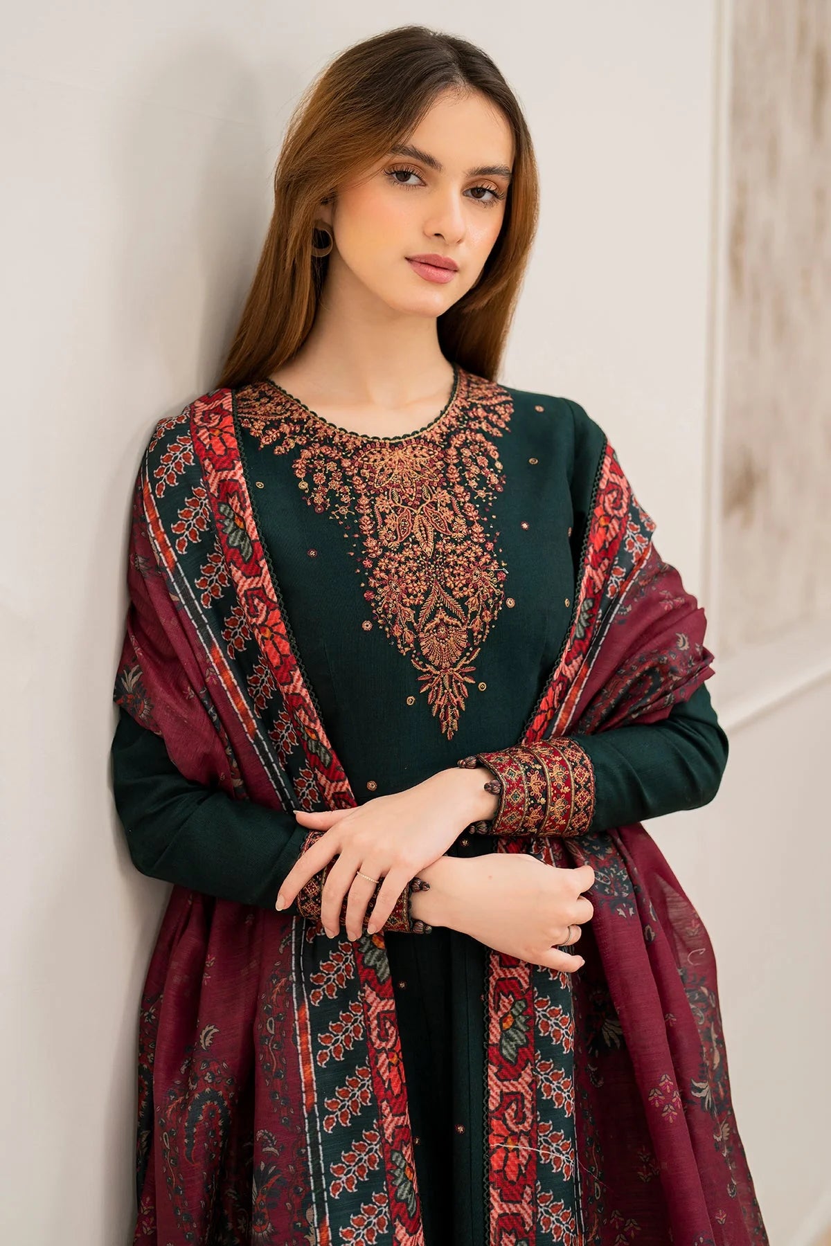 3 Piece - Jazmin Dhanak Embroidered Suit with Digital Wool Shawl (Unstitched)