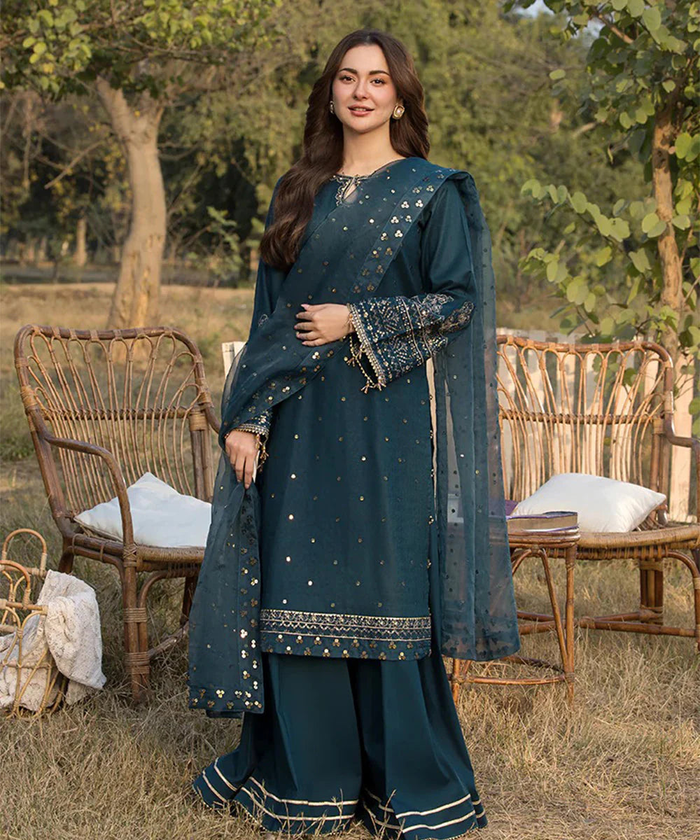 3 Piece - Qalamkar Dhanak Embroidered Suit with Heavy Embroidered Shawl (Unstitched)