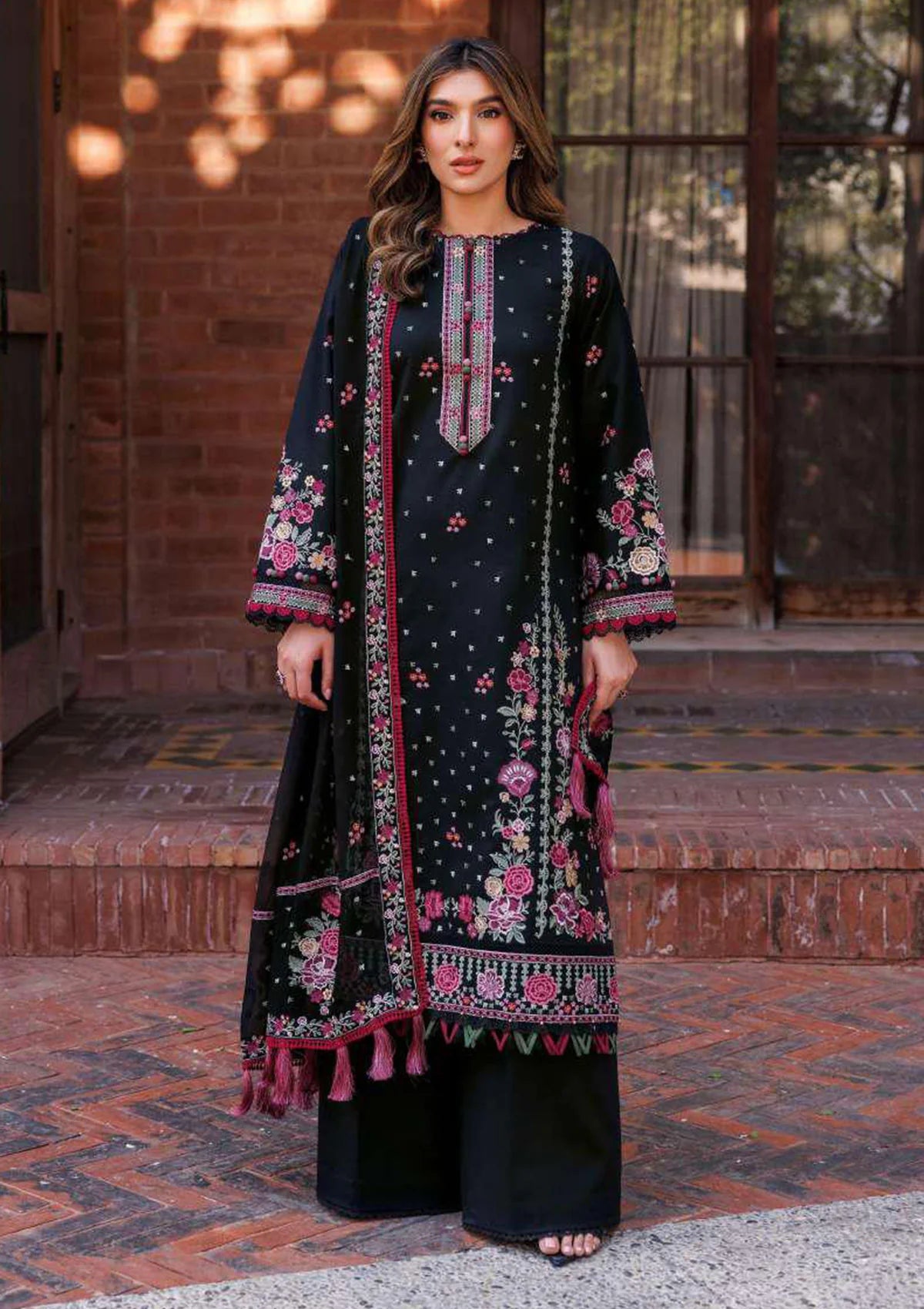 3 Piece - Dhanak Embroidered Suit with Dhanak Embroidered Shawl (Unstitched)
