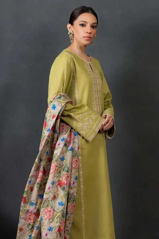 3 Piece -Sapphire Dhanak Full Heavy Embroidered Suit with Digital Print Wool Shawl Dupatta (Unstitched)
