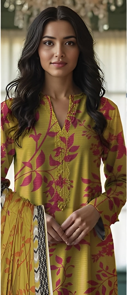 3 Piece - Nishat BanaDora Printed Linen Suit with Linen Duppatta (Unstitched)