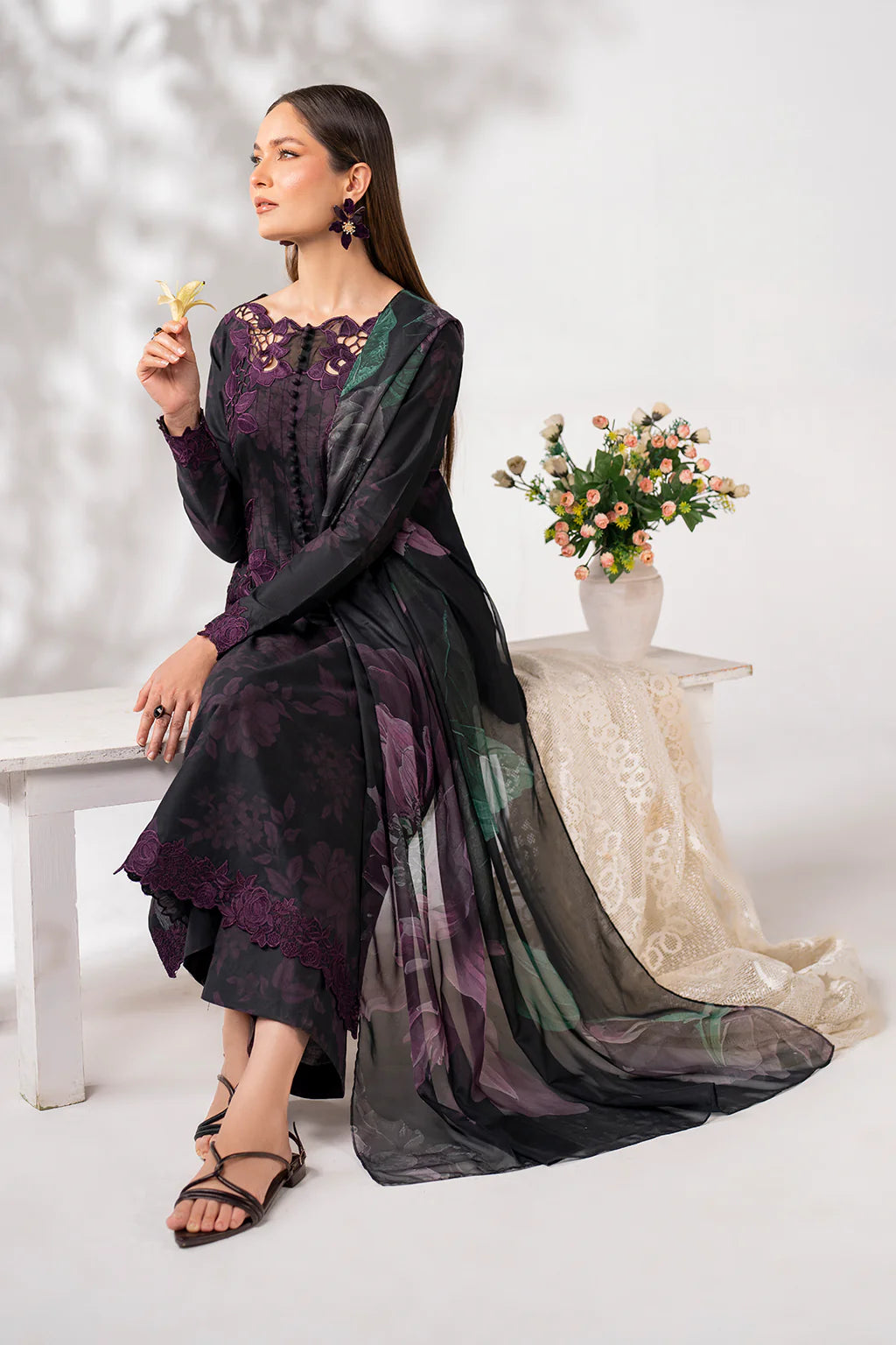 3 Piece - Iznik Khaddar Full Heavy Embroidered Suit with Digital Printed Khaddar Dupatta (Unstitched)