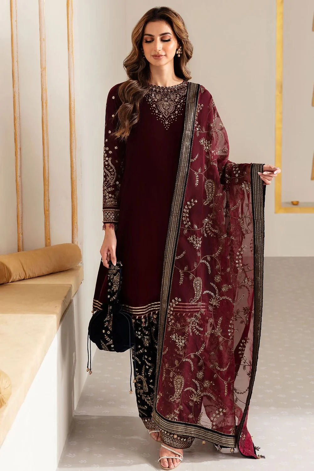 3 Piece - Organza Full Heavy Embroidered Suit with Heavy Embroidered Organza Dupatta with Chiffon Border (Unstitched)