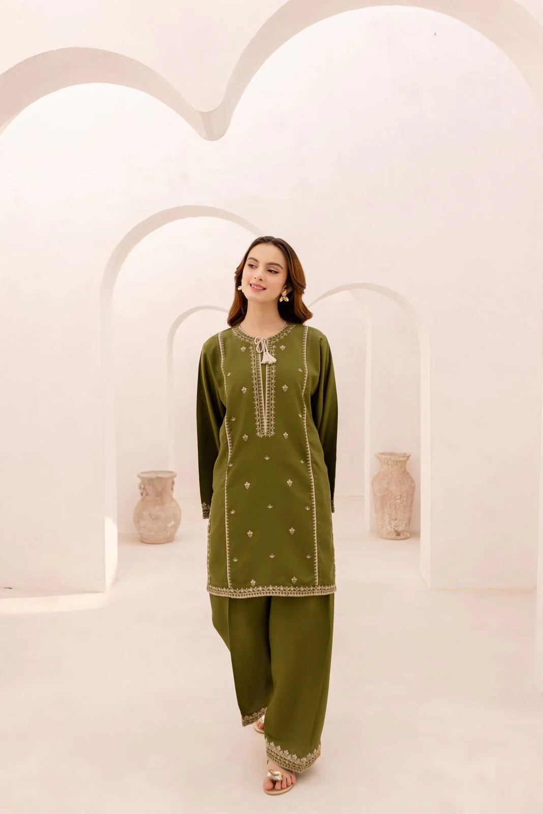2 Piece - Dhanak Full Heavy Embroidered Suit with Plain Dyed Trouser (Unstitched)