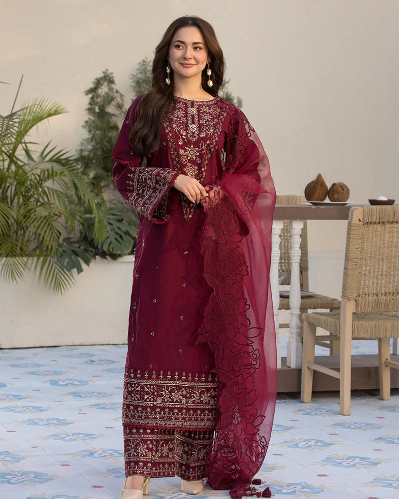 3 Piece - Qalamkar Dhanak Embroidered Suit with Heavy Embroidered Shawl (Unstitched)