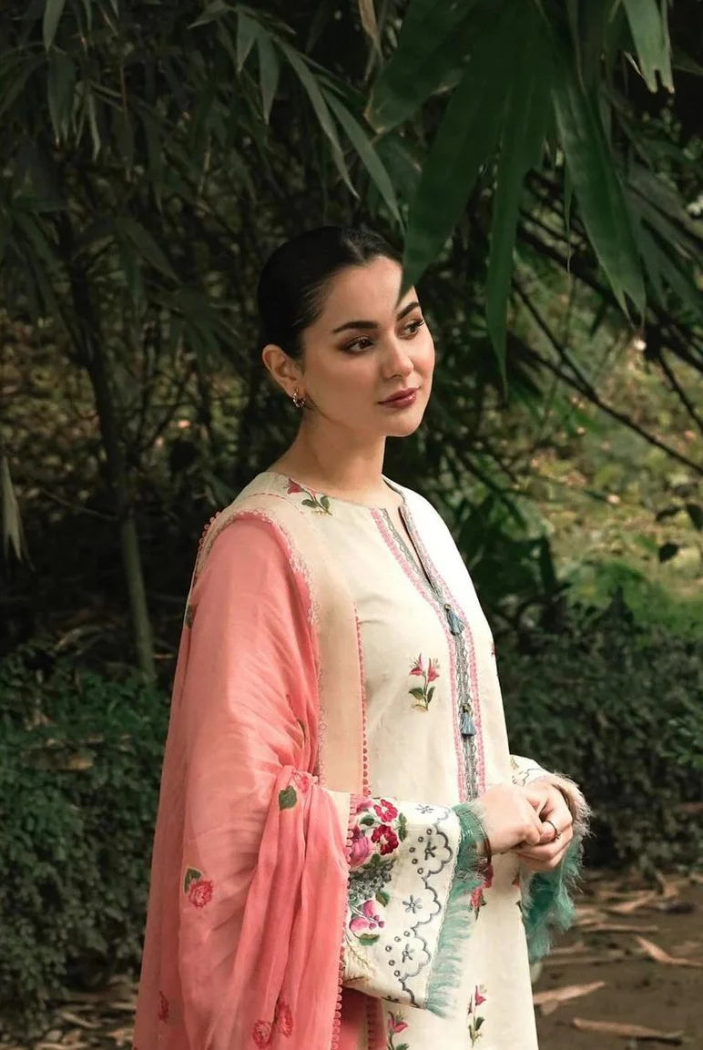 3 Piece - Zara Shahjahan Linen Embroidered Suit with Digital Print Zari Wool Shawl (Unstitched)