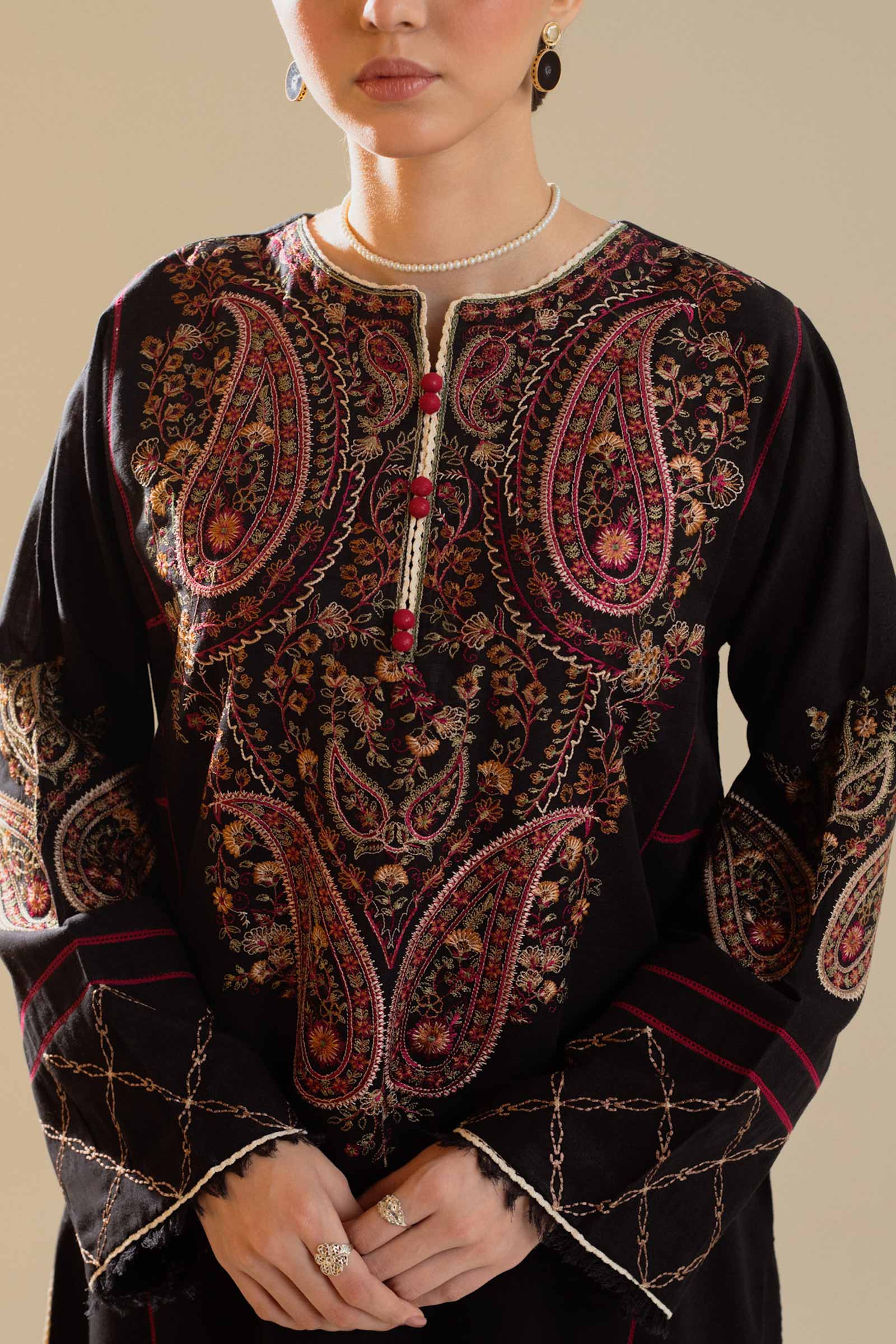 3 Piece - Zara Shahjhan Dhanak Embroidered Suit with Printed Woolen Shawl (Unstitched)