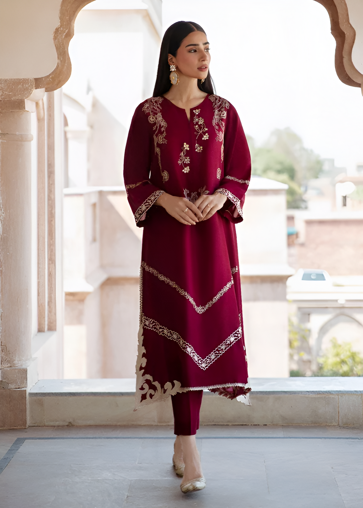 2 Piece - Dhanak Full Embroidered Suit with Heavy Embroidered Sleeves(Unstitched)