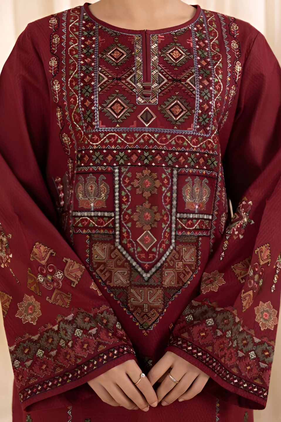 3 Piece - Dhanak Full Heavy Embroidered Suit with Digital Print Wool Shawl Dupatta (Unstitched)