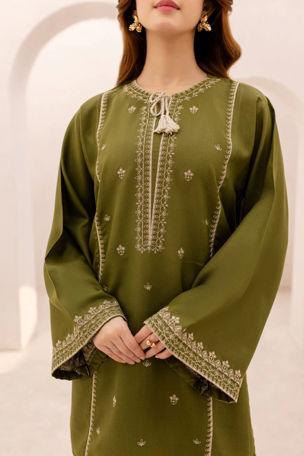 2 Piece - Dhanak Full Heavy Embroidered Suit with Plain Dyed Trouser (Unstitched)