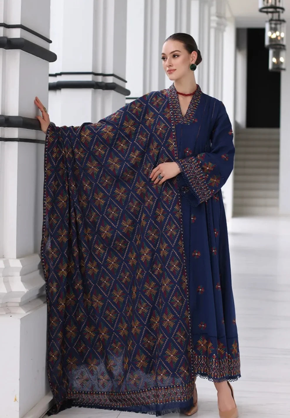 3 Piece - Dhanak Full Heavy Embroidered Suit with Digital Print Wool Shawl (Unstitched)
