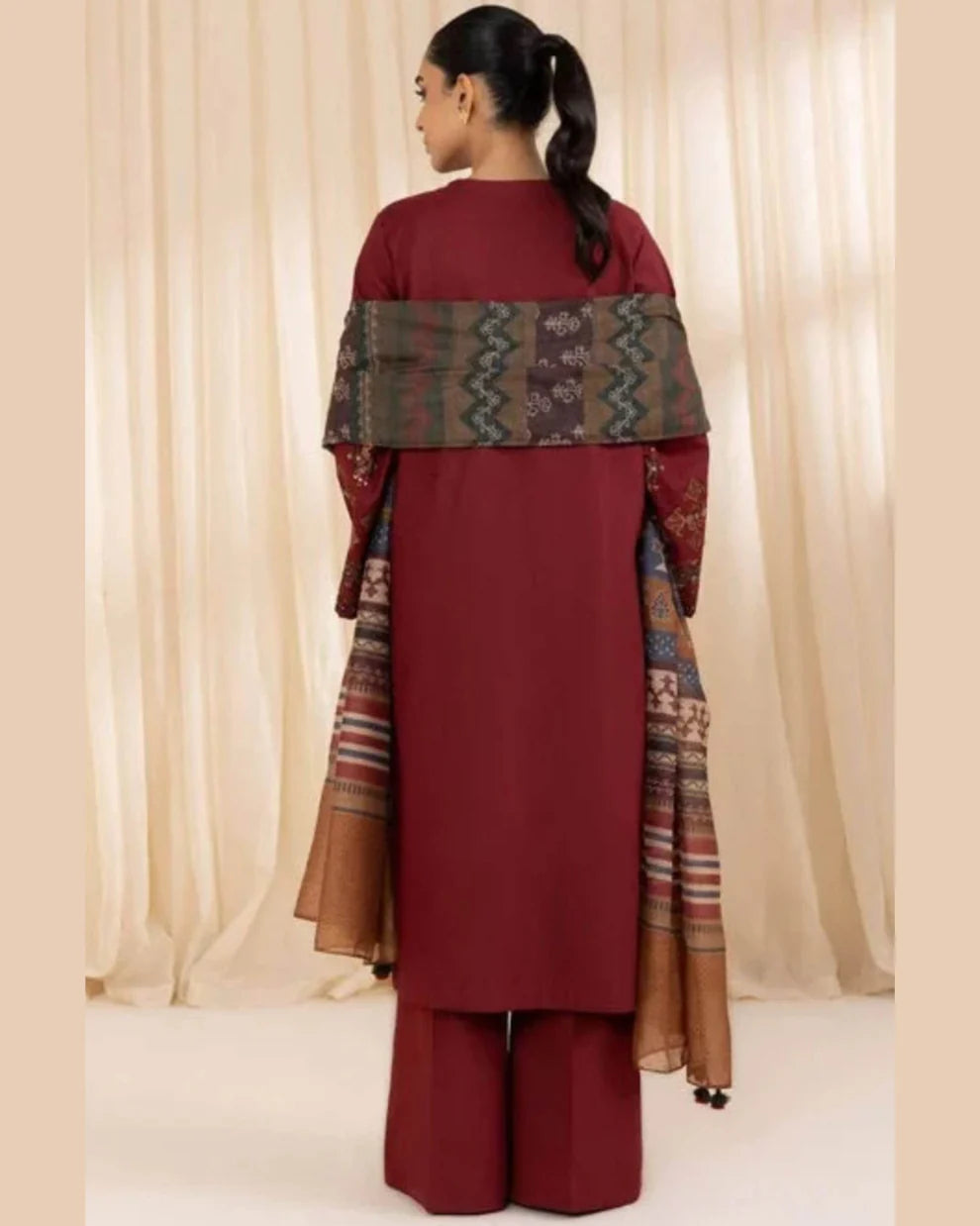 3 Piece - Dhanak Embroidered Suit with Digital Printed Wool Shawl (Unstitched)