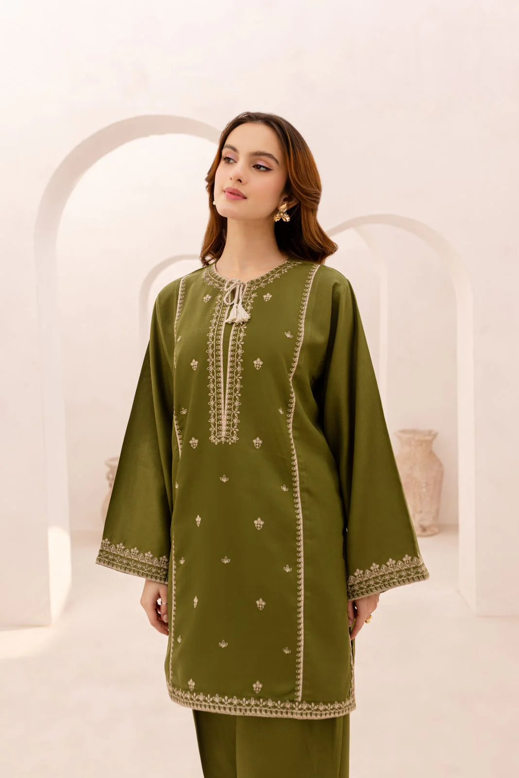 2 Piece - Dhanak Full Heavy Embroidered Suit with Plain Dyed Trouser (Unstitched)