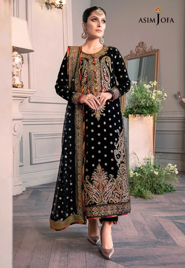 3 Piece - Asim Jofa Velvet Full Heavy Embroidered Suit with Net Embroidered Dupatta (Unstitched)