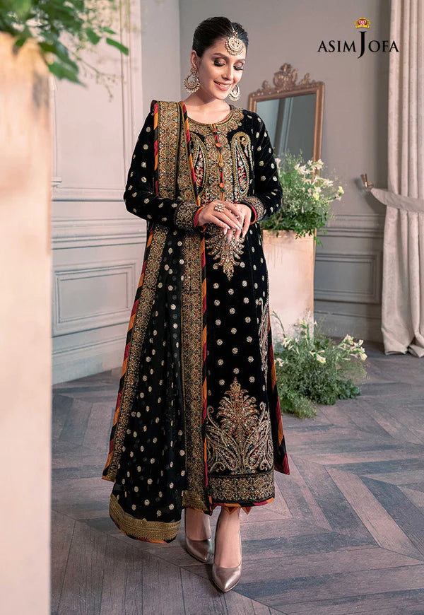 3 Piece - Asim Jofa Velvet Full Heavy Embroidered Suit with Net Embroidered Dupatta (Unstitched)