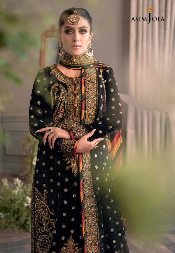 3 Piece - Asim Jofa Velvet Full Heavy Embroidered Suit with Net Embroidered Dupatta (Unstitched)