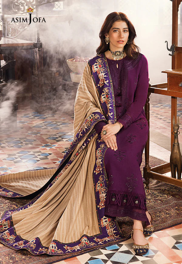 3 Piece - Asim Jofa Dhanak Embroidered Suit with Dhanak Embroidered and Printed Shawl (Unstitched)