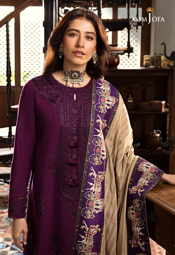 3 Piece - Asim Jofa Dhanak Embroidered Suit with Dhanak Embroidered and Printed Shawl (Unstitched)