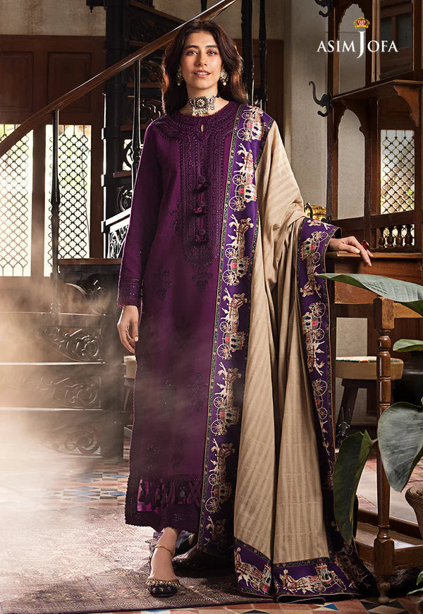 3 Piece - Asim Jofa Dhanak Embroidered Suit with Dhanak Embroidered and Printed Shawl (Unstitched)
