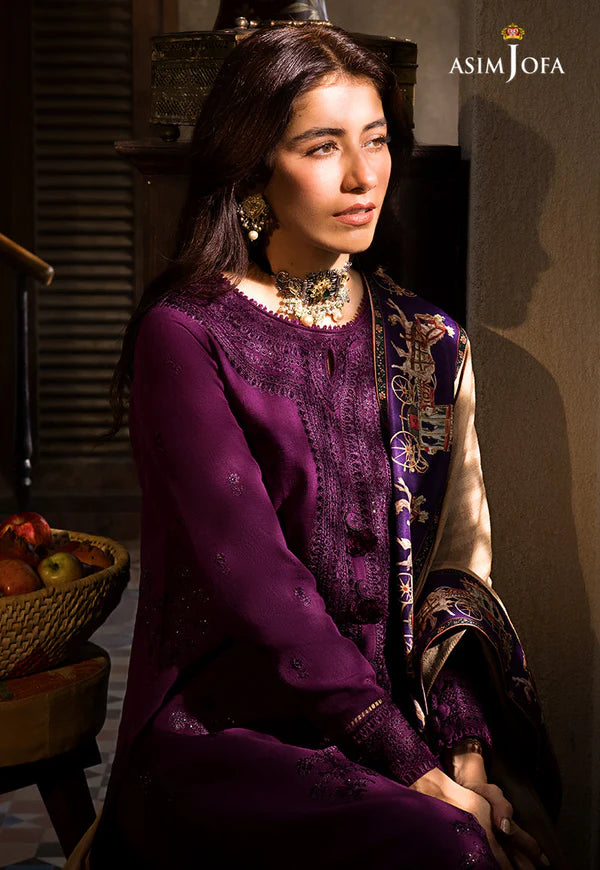 3 Piece - Asim Jofa Dhanak Embroidered Suit with Dhanak Embroidered and Printed Shawl (Unstitched)