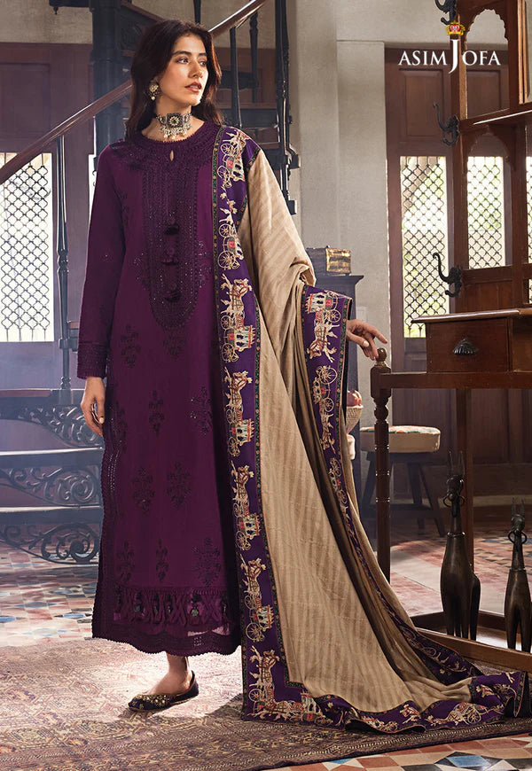 3 Piece - Asim Jofa Dhanak Embroidered Suit with Dhanak Embroidered and Printed Shawl (Unstitched)