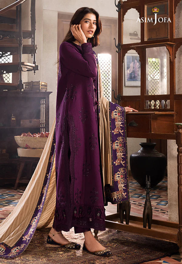 3 Piece - Asim Jofa Dhanak Embroidered Suit with Dhanak Embroidered and Printed Shawl (Unstitched)