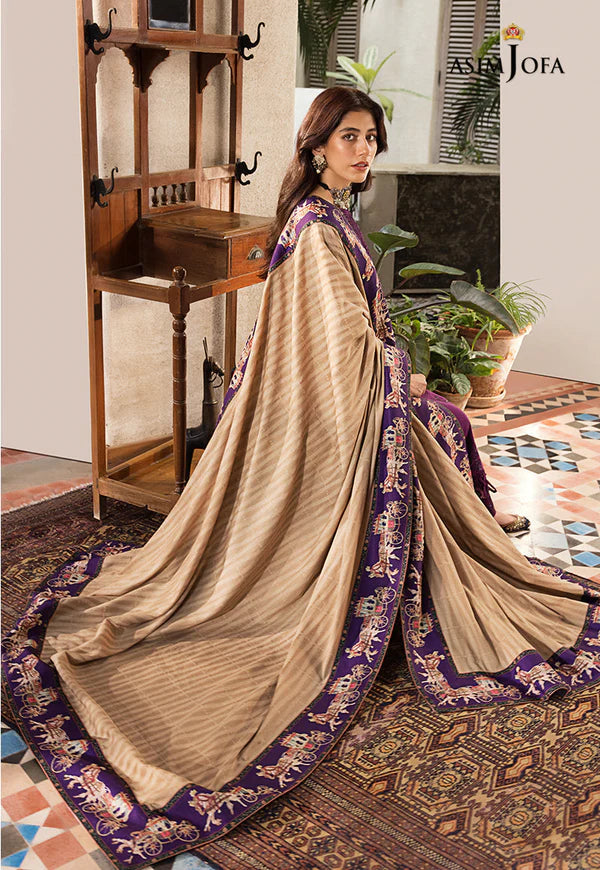 3 Piece - Asim Jofa Dhanak Embroidered Suit with Dhanak Embroidered and Printed Shawl (Unstitched)