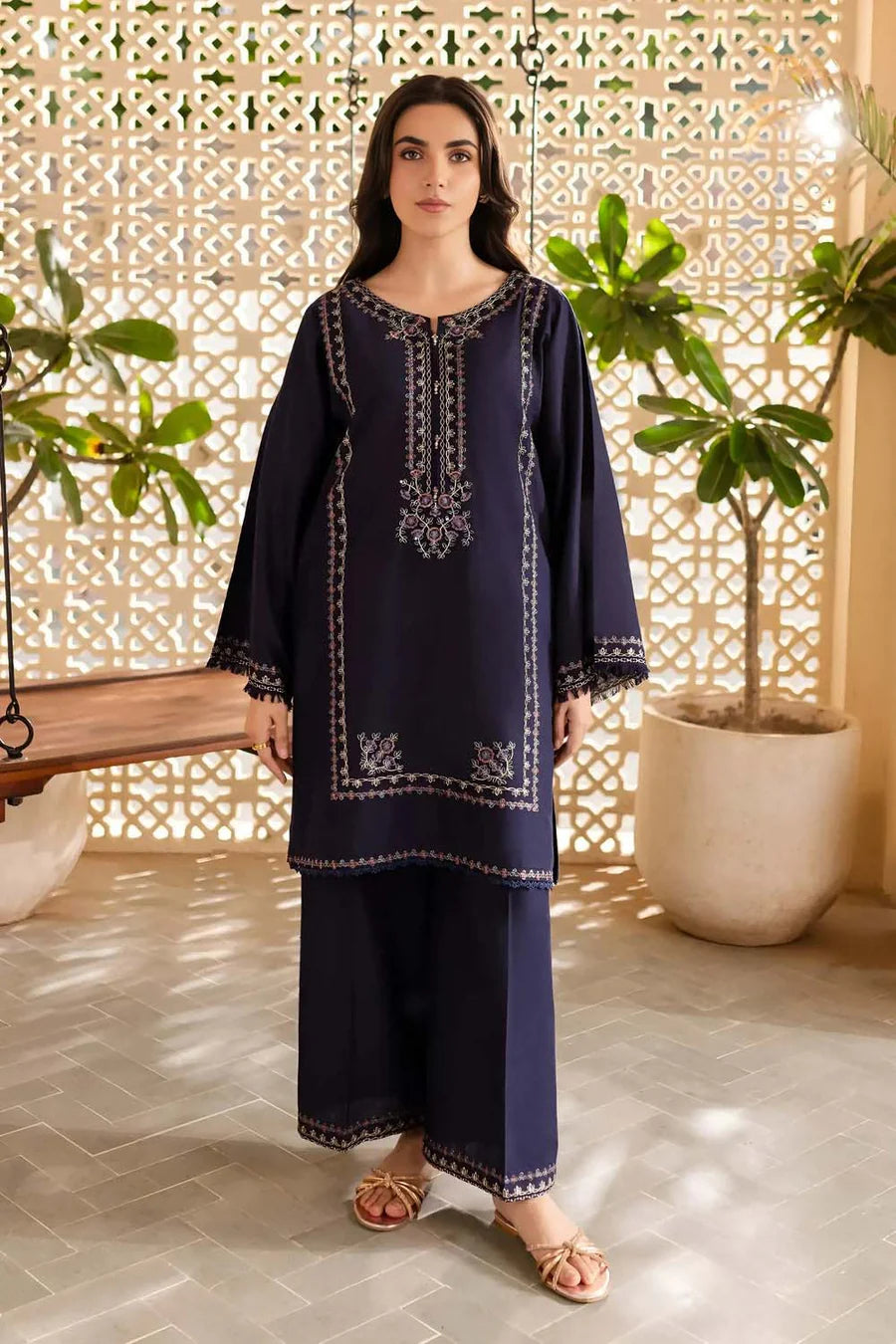 2 Piece - Dhanak Full Heavy Embroidered Suit with Plain Dyed Trouser (Unstitched)
