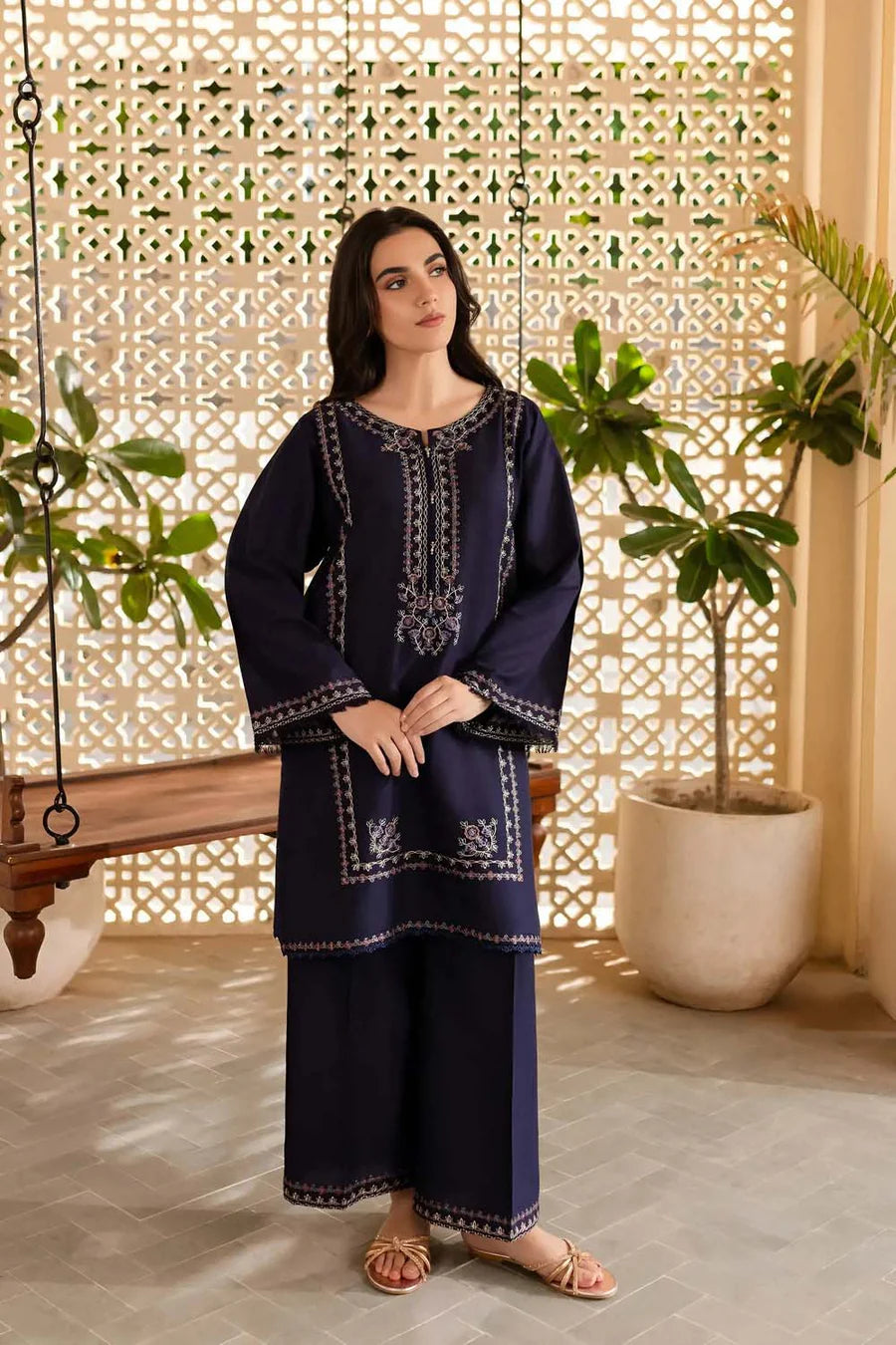 2 Piece - Dhanak Full Heavy Embroidered Suit with Plain Dyed Trouser (Unstitched)