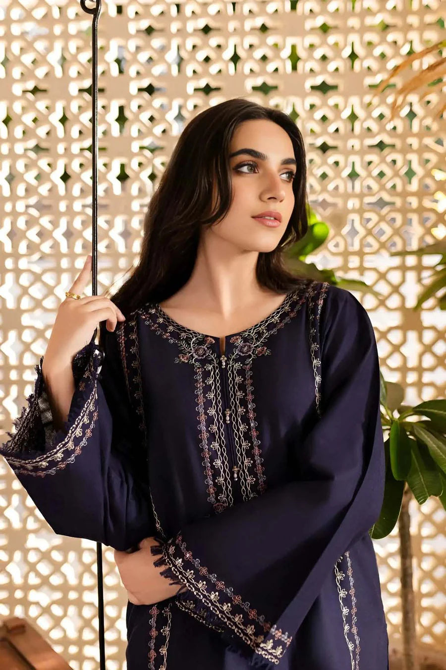 2 Piece - Dhanak Full Heavy Embroidered Suit with Plain Dyed Trouser (Unstitched)