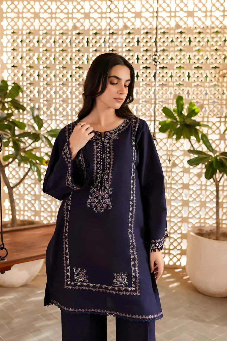 2 Piece - Dhanak Full Heavy Embroidered Suit with Plain Dyed Trouser (Unstitched)