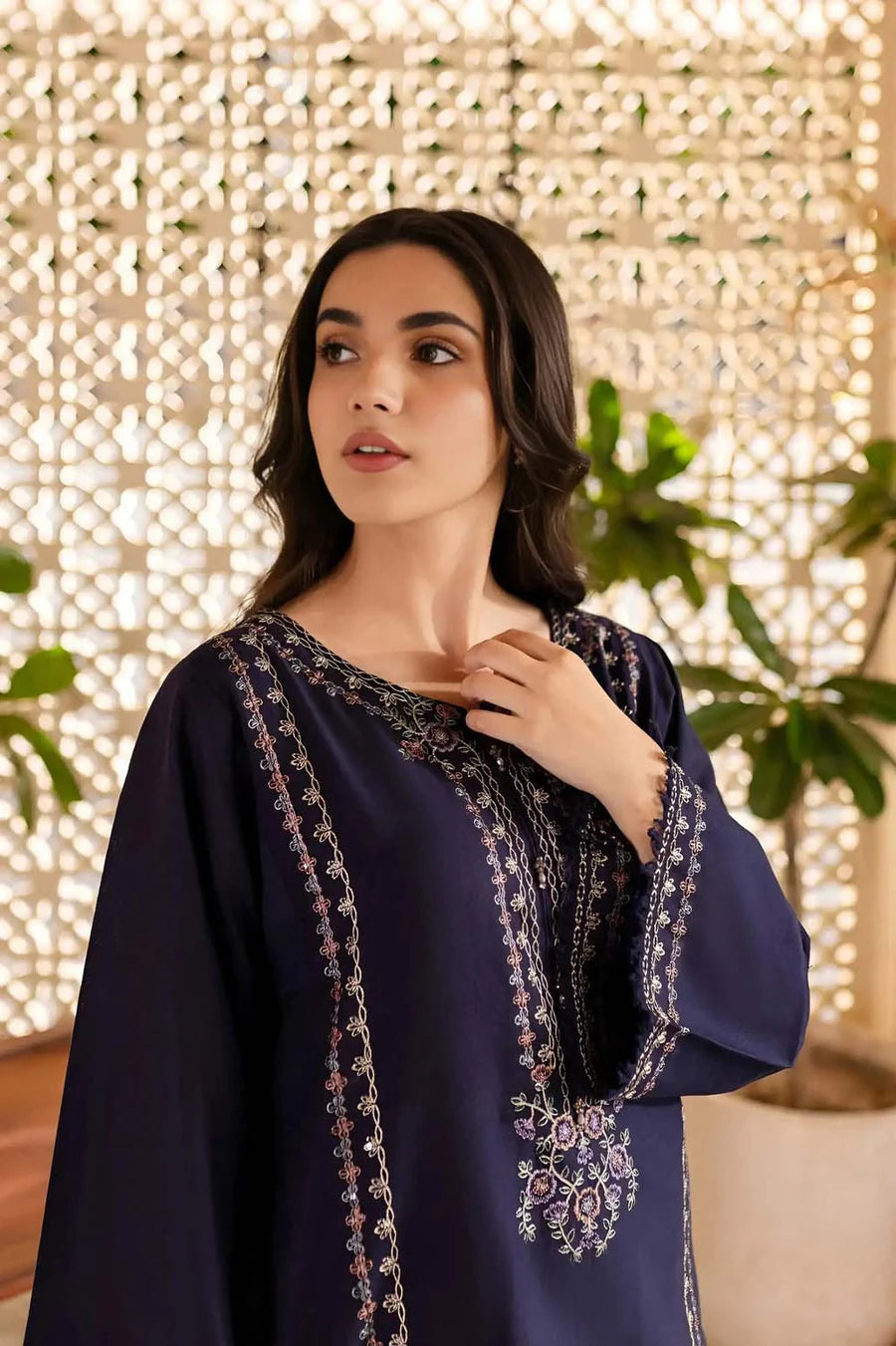 2 Piece - Dhanak Full Heavy Embroidered Suit with Plain Dyed Trouser (Unstitched)