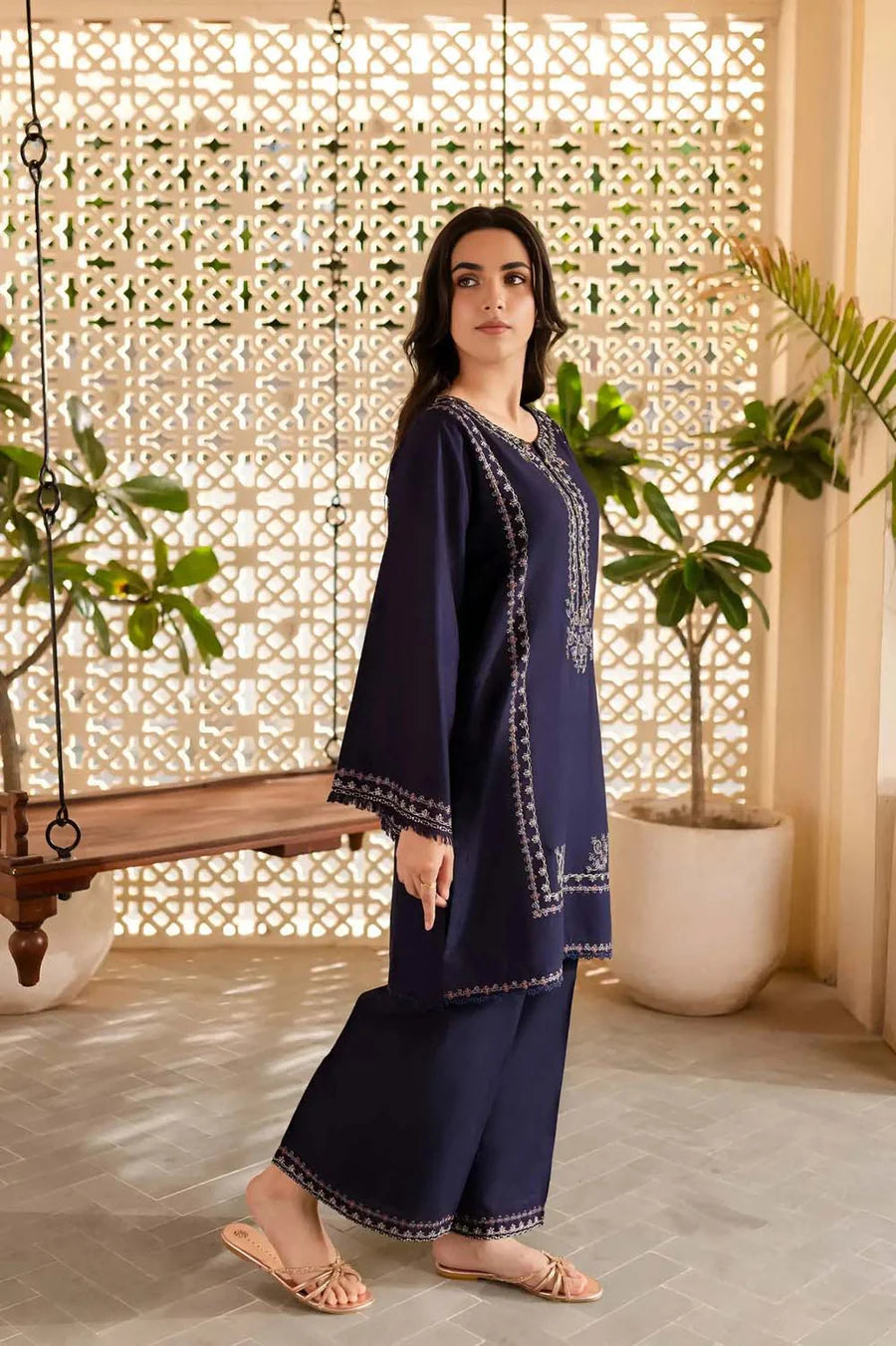 2 Piece - Dhanak Full Heavy Embroidered Suit with Plain Dyed Trouser (Unstitched)