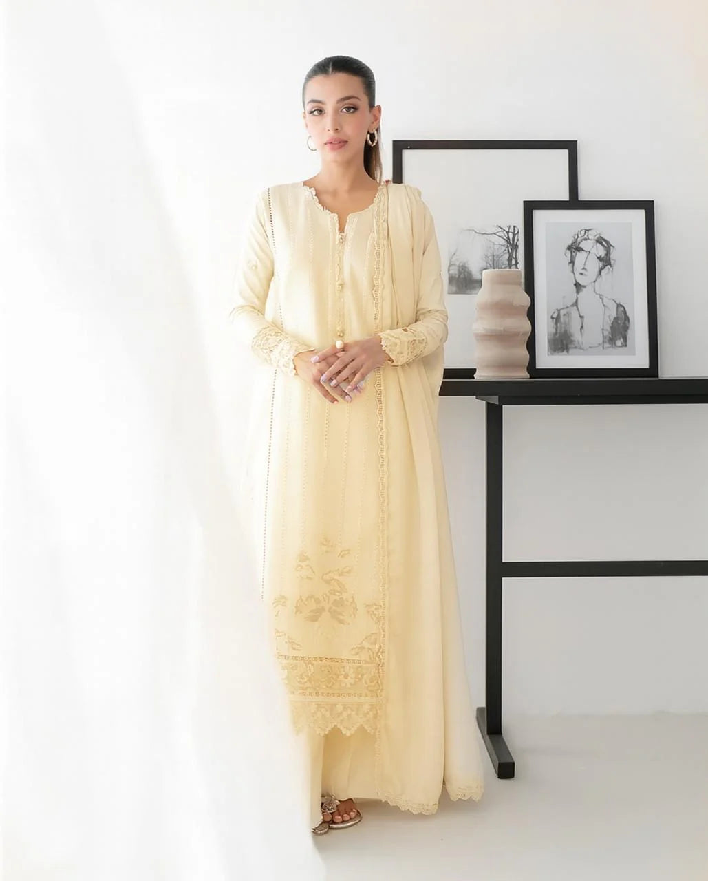 3 Piece - Maria B Dhanak Full Heavy Embroidered Suit with Embroidered Winter Wool Shawl (Unstitched)