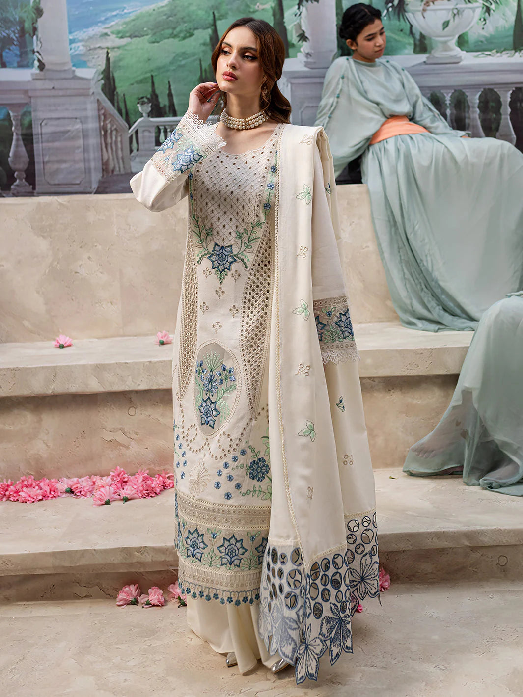 3 Piece - Dhanak Embroidered Suit with Dhanak Embroidered Shawl (Unstitched)
