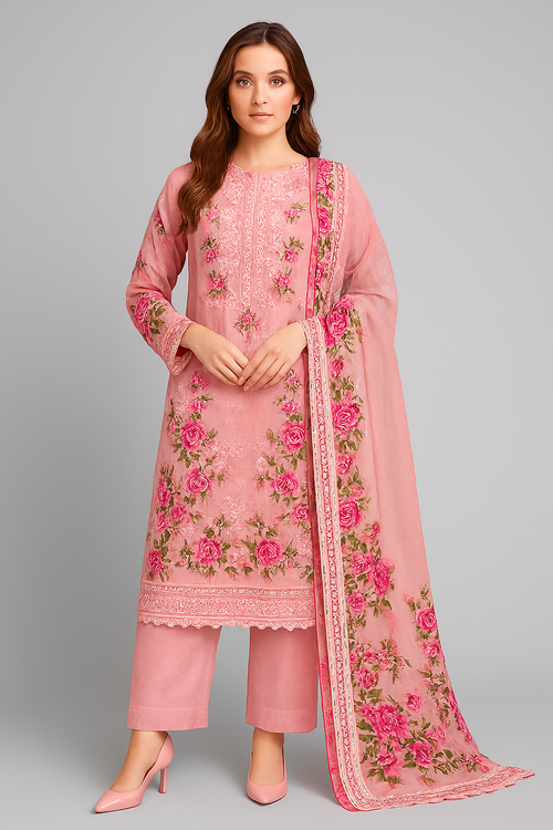 3 Piece - Printed Lawn Embroidered Suit with Lawn Duppatta (Unstitched)
