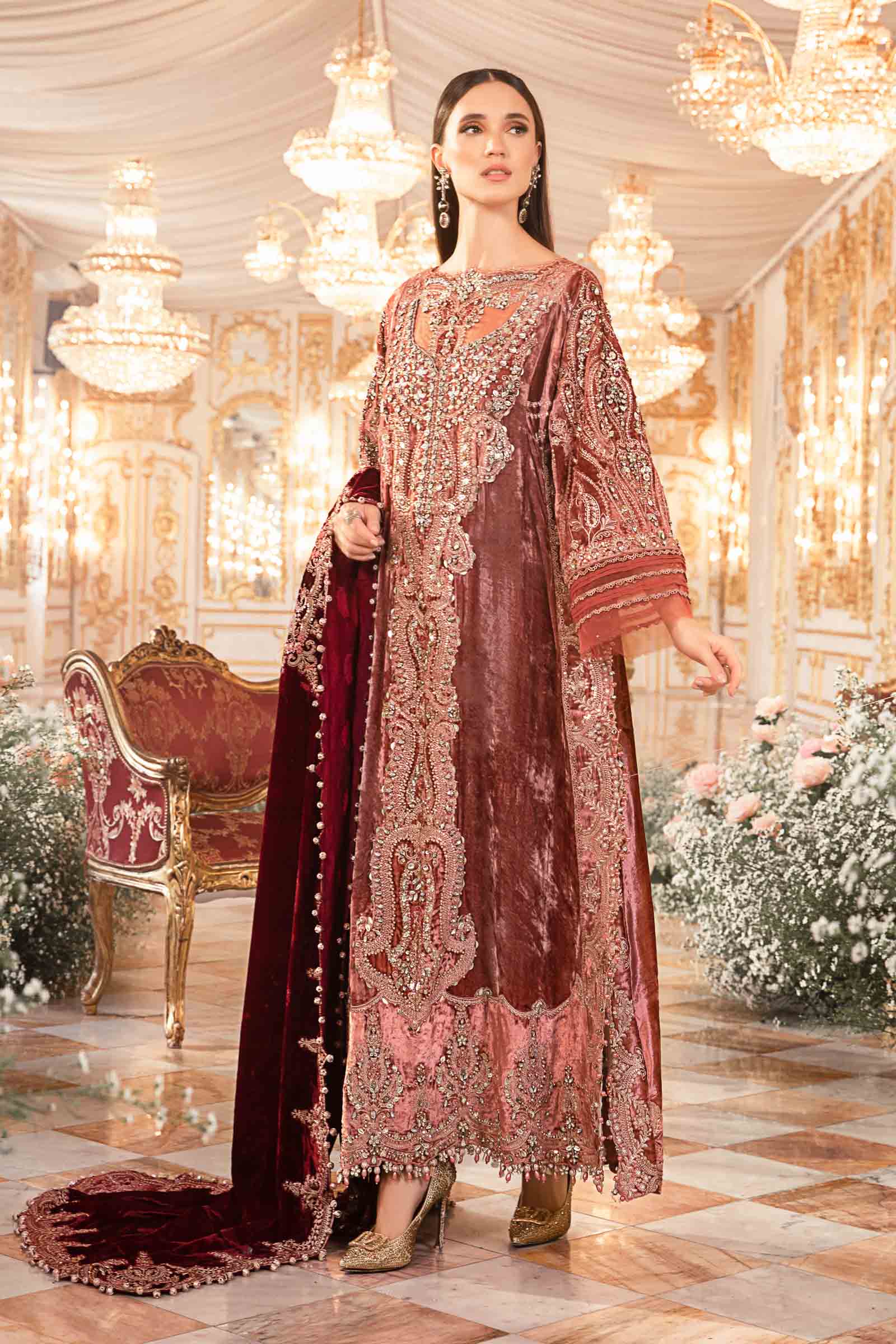 3 Piece - Maria B Net Full Heavy Embroidered Suit with Heavy Embroidered Net Dupatta with Chiffon Border (Unstitched)