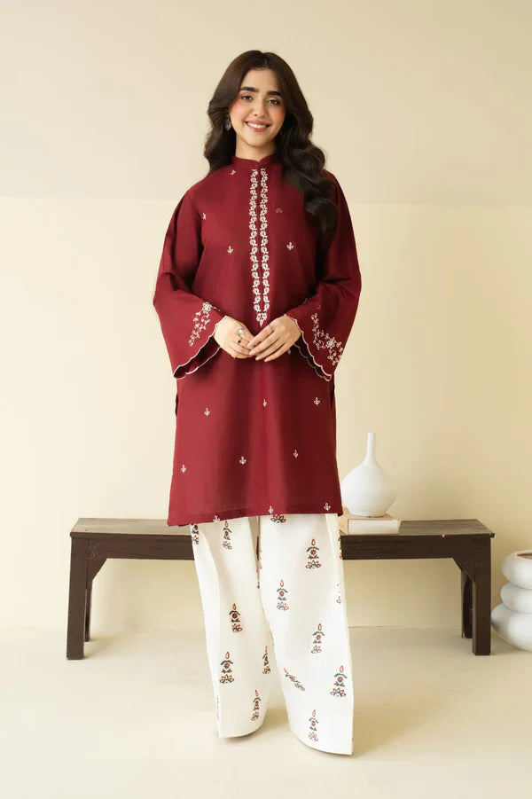 2 Piece - Dhanak Embroidered Suit with Dhanak Embroidered Trouser (Unstitched)