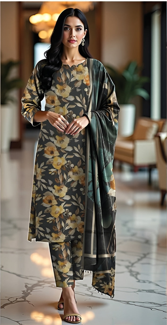 3 Piece - Nishat BanaDora Printed Linen Suit with Linen Duppatta (Unstitched)