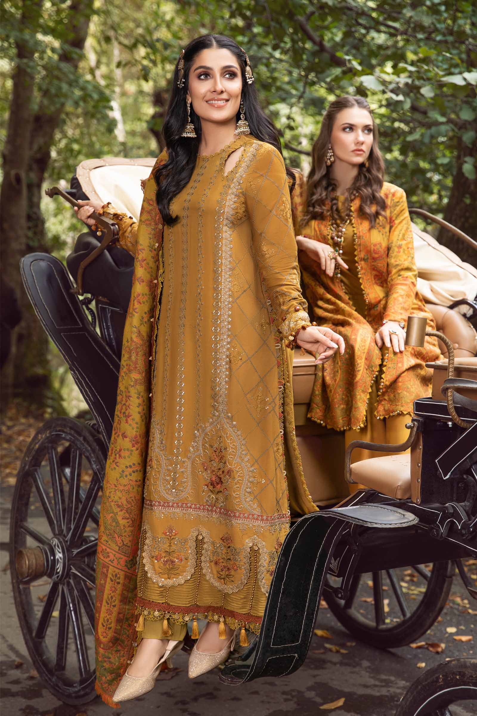 3 Piece - Maria B Dhanak Full Heavy Embroidered Suit with Digital Print Zari Pashmina Wool Shawl (Unstitched)