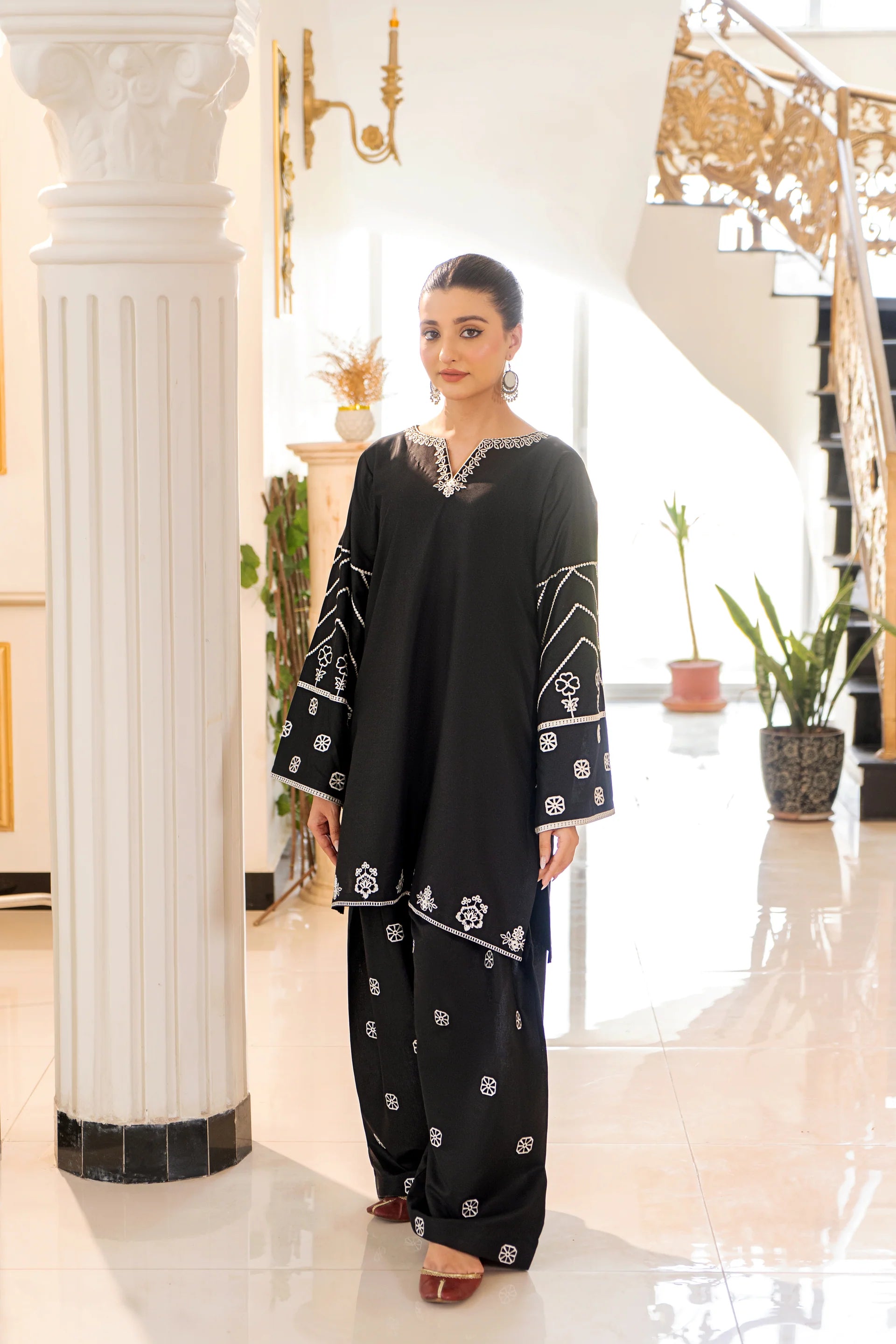 2 Piece - Dhanak Full Heavy Embroidered Suit with Plain Dyed Trouser (Unstitched)