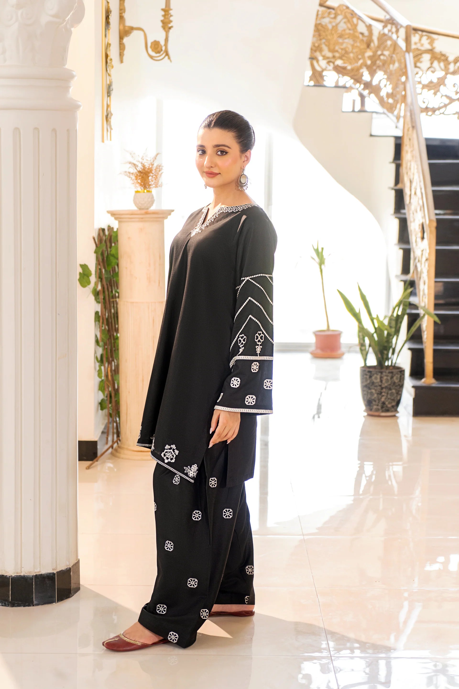2 Piece - Dhanak Full Heavy Embroidered Suit with Plain Dyed Trouser (Unstitched)